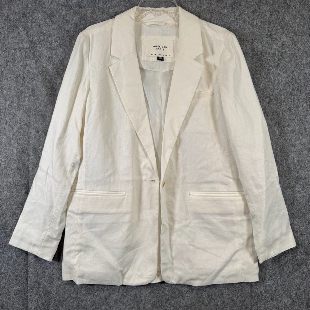 American Eagle Womens Linen Blend White Jacket Blazer Sz Medium Breezy Boho